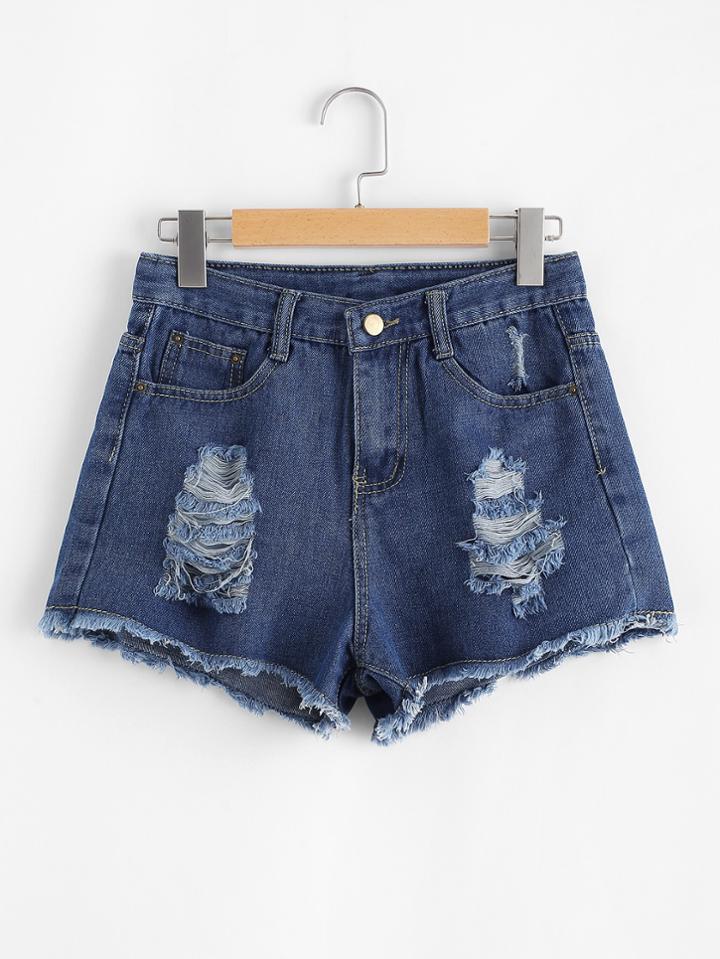 Romwe Raw Hem Ripeed Denim Shorts