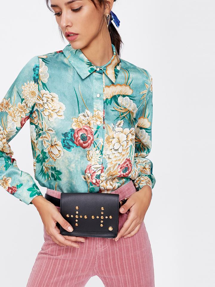 Romwe Metal Buckle Belt With Studded Bag