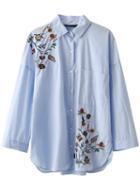 Romwe Blue Floral Embroidery Side Slit Blouse With Pocket