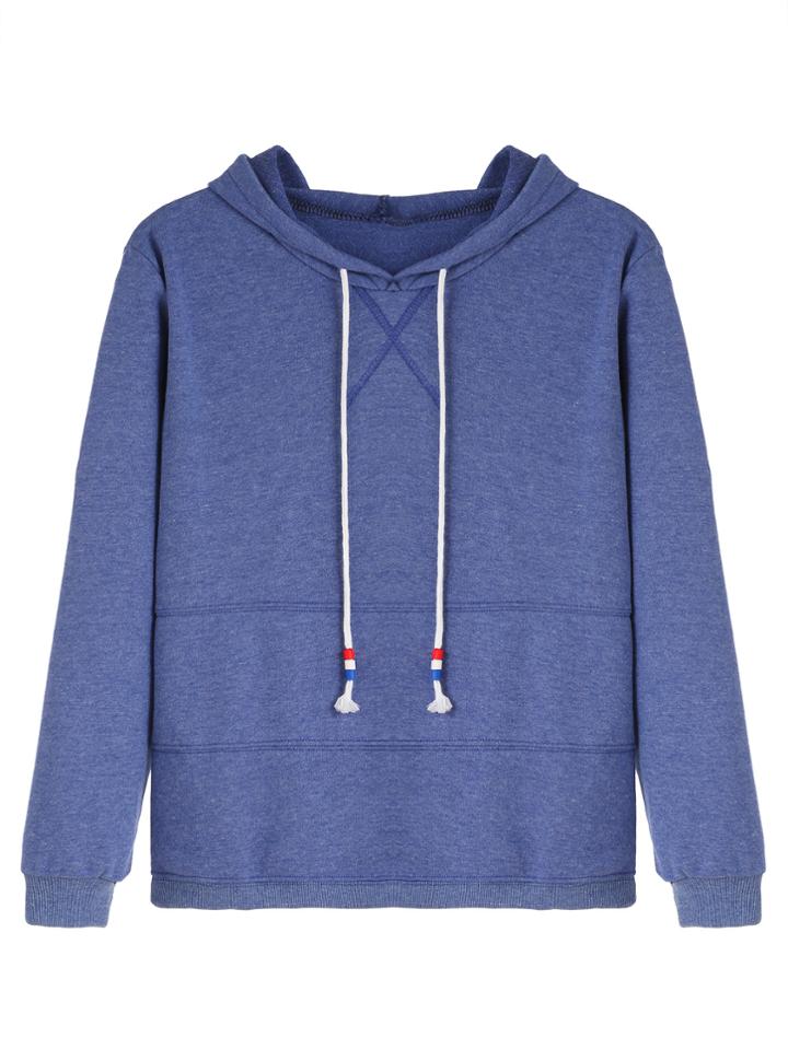 Romwe Blue Drawstring Hooded Sweatshirt