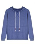 Romwe Blue Drawstring Hooded Sweatshirt