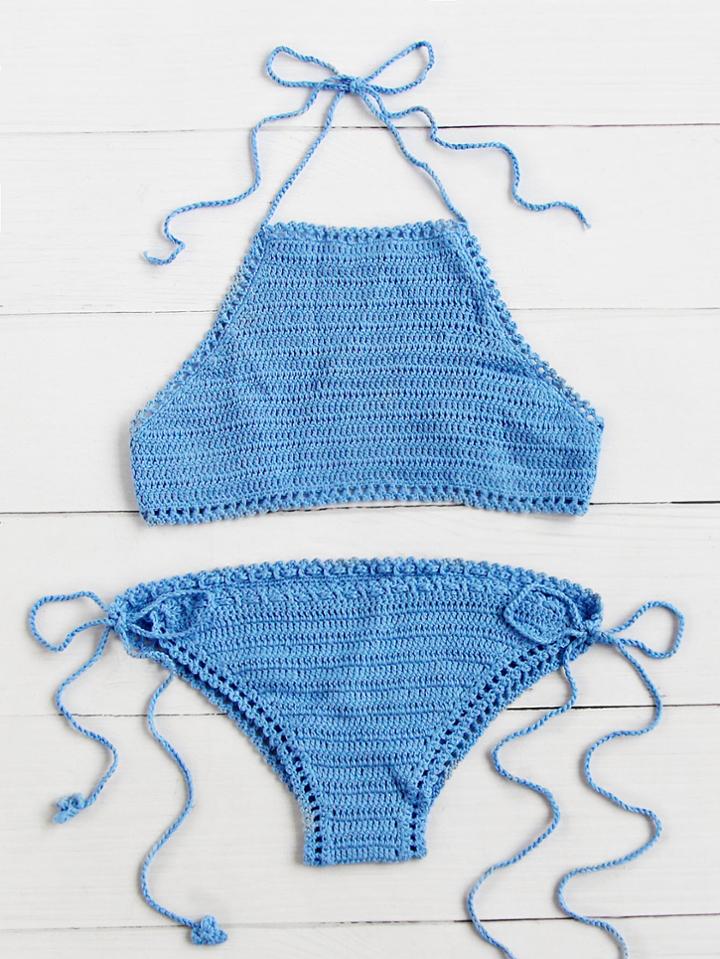 Romwe Side Tie Halter Crochet Bikini Set