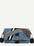 Romwe Blue Buckle Closure Striped Tape Detail Quilted Flap Bag