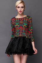 Romwe Multicolor Round Neck Geometric Print Flare Dress