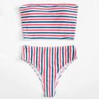 Romwe Striped Bandeau Top With High Waist Bikini Set
