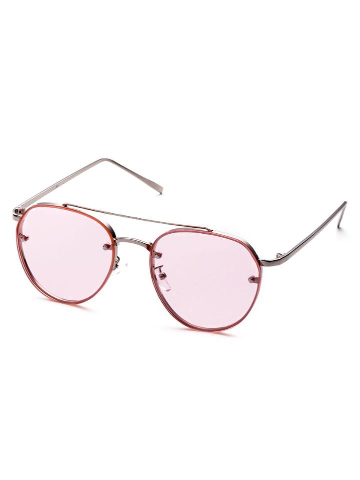 Romwe Metal Frame Double Bridge Pink Lens Aviator Sunglasses