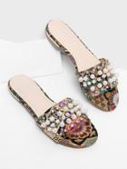 Romwe Faux Pearl Satin Flat Sandals