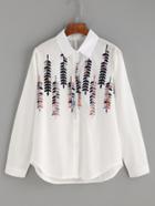 Romwe White Leaf Branch Embroidered Curved Hem Blouse