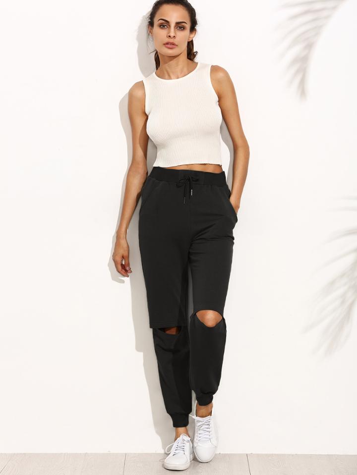 Romwe Cutout Knees Tapered Leg Joggers