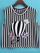 Romwe Vertical Striped Crop Black T-shirt