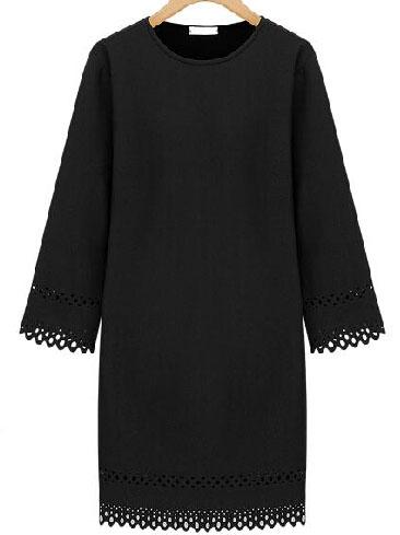 Romwe Eyelet Trim Long Sleeve Shift Dress - Black