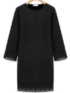 Romwe Eyelet Trim Long Sleeve Shift Dress - Black