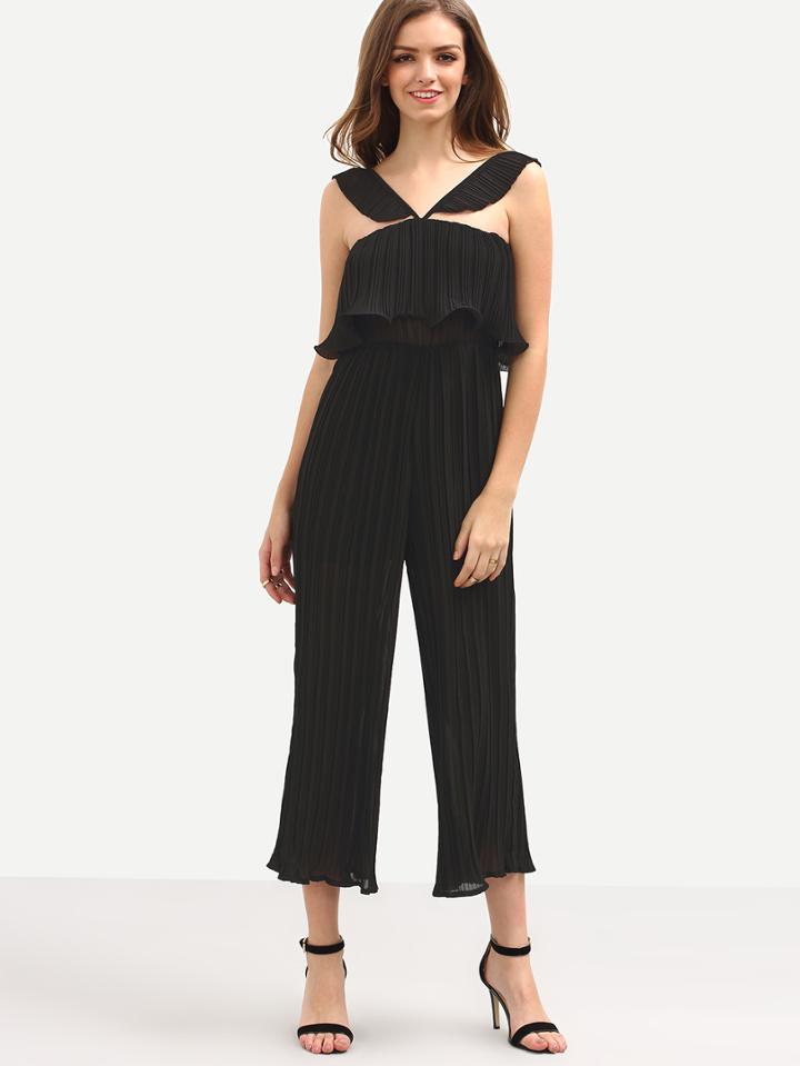 Romwe Ruffled Pleated Chiffon Jumpsuit - Black