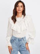 Romwe Eyelet Embroidered Ruffle And Bell Cuff Blouse