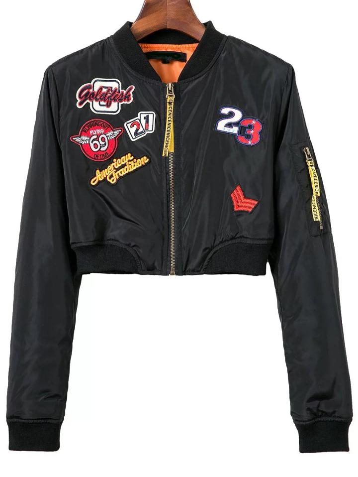 Romwe Black Embroidery Patch Crop Jacket