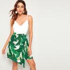 Romwe Tropical Print Belted Dress With Wrap Skirt