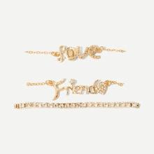 Romwe Rhinestone Letter Chain Bracelet Set 3pcs