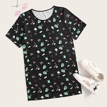 Romwe Letter & Floral Print Longline Tee
