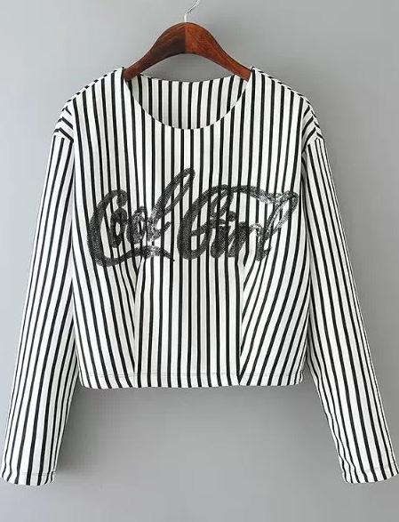 Romwe White Vertical Stripe Letters Print Crop T-shirt