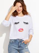 Romwe White Closed Eyes Print Drop Shoulder Sweatshirt