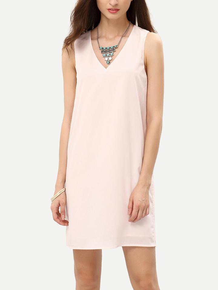 Romwe Nude Pink Sleeveless V Neck Shift Dress