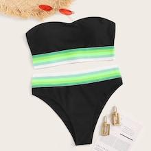 Romwe Striped Trim Sweetheart Neck Bandeau Bikini Set
