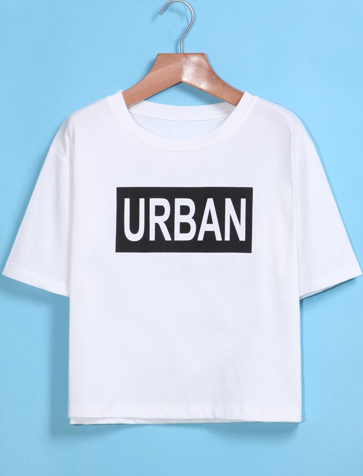 Romwe Round Neck Letters Print Crop White T-shirt