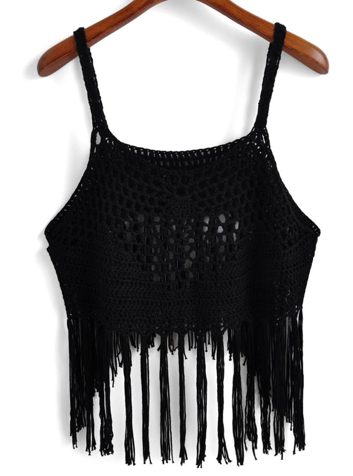 Romwe Spaghetti Strap Crochet Hollow Tassel Black Cami Top