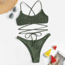 Romwe Crisscross Shirred Top With Cheeky Bikini Set