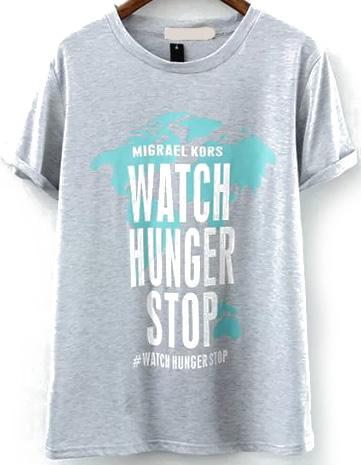 Romwe Round Neck Letter Print Pale Grey T-shirt