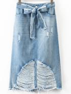 Romwe Blue Ripped Denim Skirt With Bow Tie