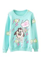 Romwe Cartoon Print Green Fleece Sweatshirt