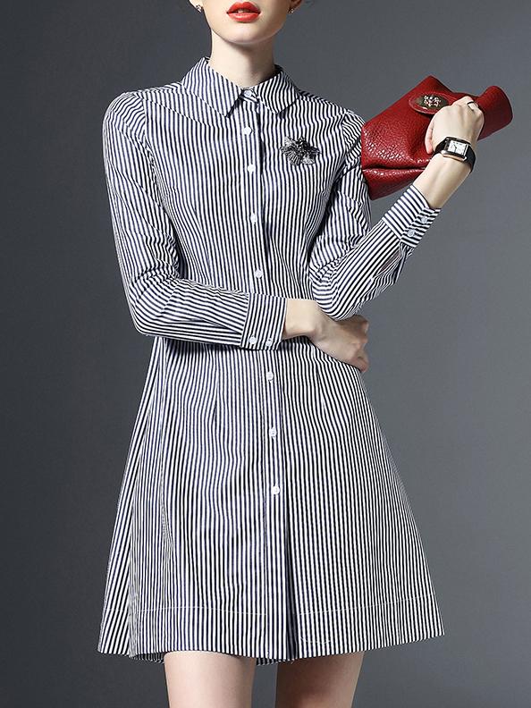 Romwe Black White Lapel Striped A-line Dress