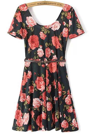 Romwe Black Scoop Neck Backless Floral Slim Dress