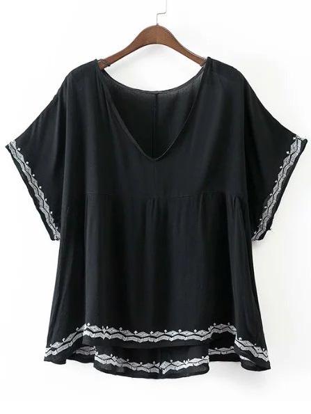 Romwe Black V Neck Embroidery Trim Batwing Sleeve Blouse