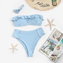 Romwe Ruffle Plain Bikini Set