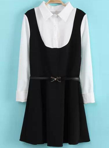 Romwe Lapel Bow Pleated Black Dress