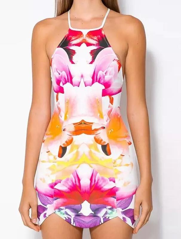 Romwe Halter Florals Asymmetrical Hem Dress