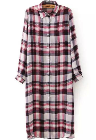 Romwe Lapel With Buttons Plaid Long Pink Blouse