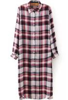 Romwe Lapel With Buttons Plaid Long Pink Blouse