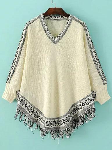 Romwe Beige Tribal Pattern Fringe Cape Sweater