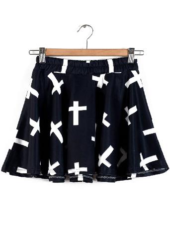 Romwe Elastic Waist Cross Print Pleated Skirt