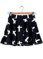 Romwe Elastic Waist Cross Print Pleated Skirt