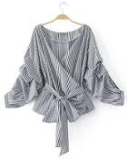 Romwe Striped Ruched Sleeve Self Tie Surplice Blouse