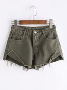 Romwe Green Slit Side Raw Hem High Low Denim Shorts