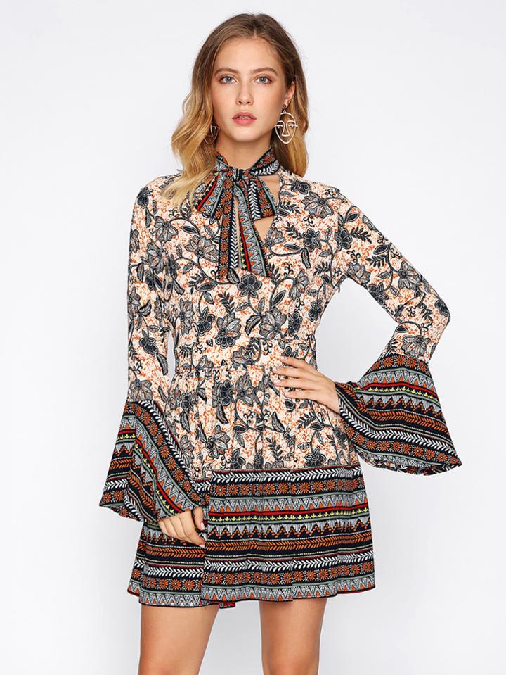 Romwe Bell Sleeve Tie Chocker Neck Mixed Print Dress