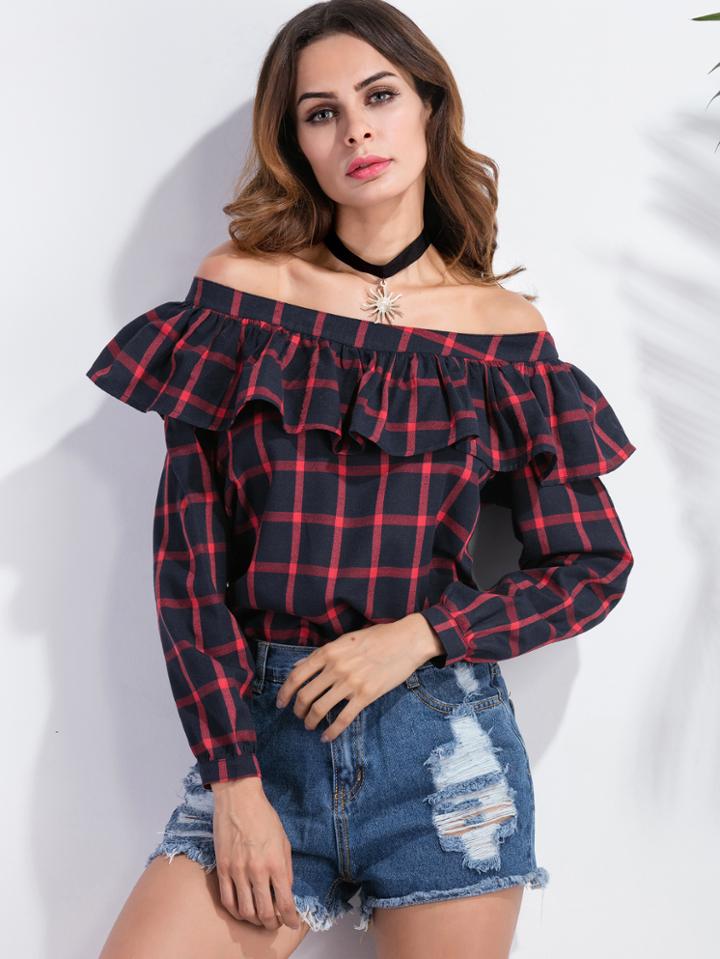 Romwe Windowpane Plaid Off The Shoulder Ruffle Trim Top