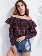 Romwe Windowpane Plaid Off The Shoulder Ruffle Trim Top