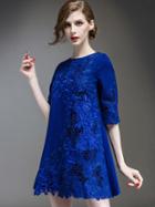 Romwe Blue Round Neck Half Sleeve Embroidered Hollow Dress