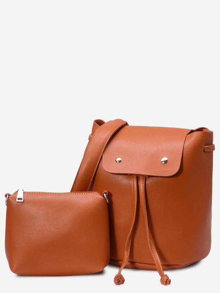 Romwe Khaki Faux Leather Drawstring Flap Backpack With Clutch